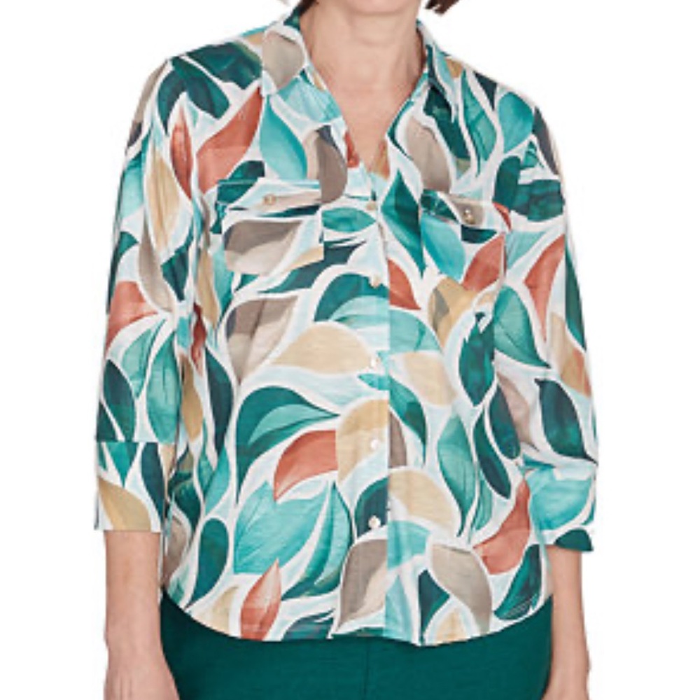 ALFRED DUNNER abstract leaves 3/4 sleeve shirt